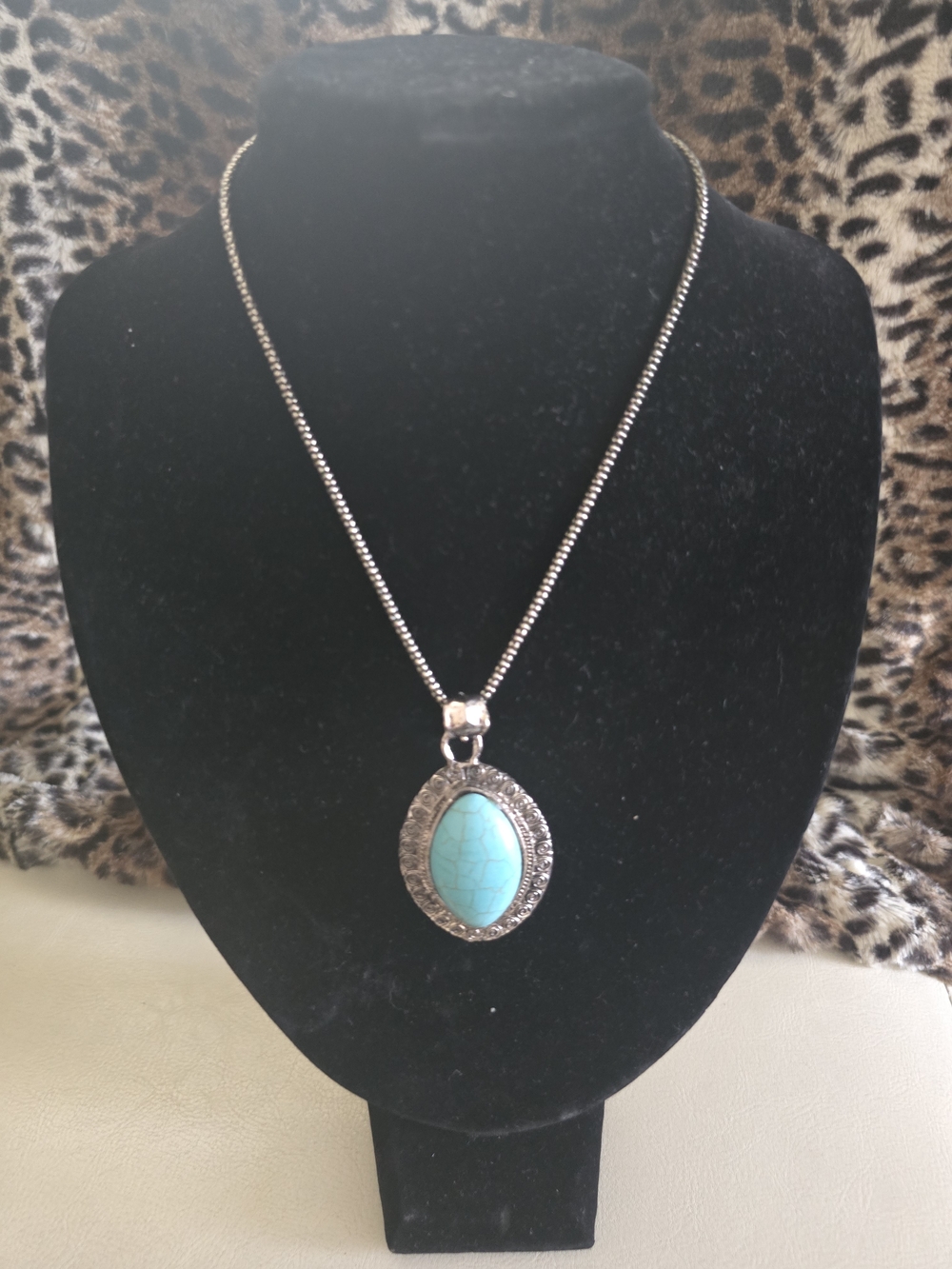 Turquoise Oval Pendant Necklace - Silver-Tone